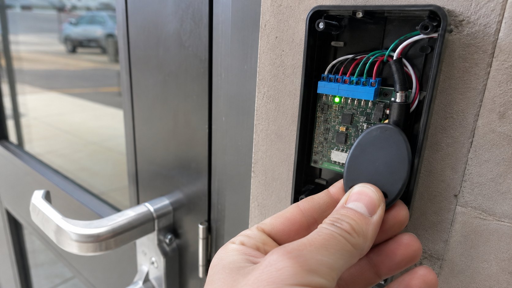 A door card reader with its cover off and a proximity fob held to it