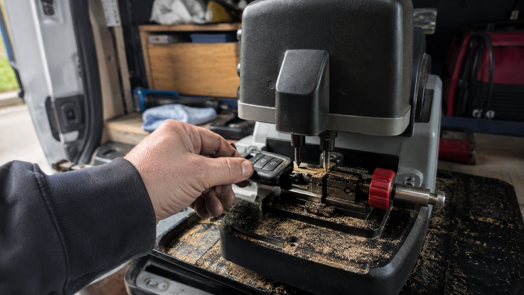 A car key blade being cut on a portable key machine in the back of a van