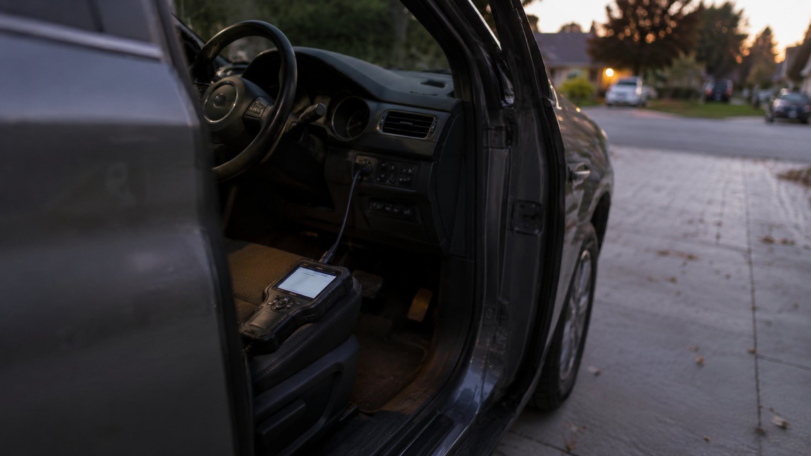A car on a driveway at dusk with the door open and a key programmer on the seat