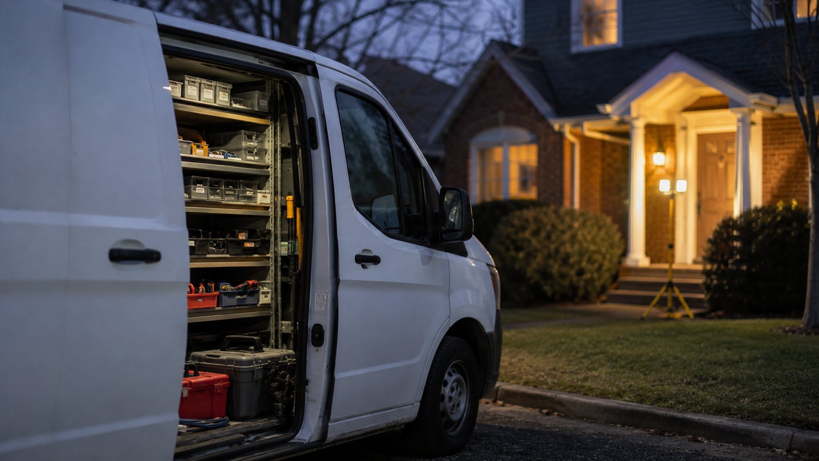 A residential front door at night lit by a work light, with a tool roll open on the step