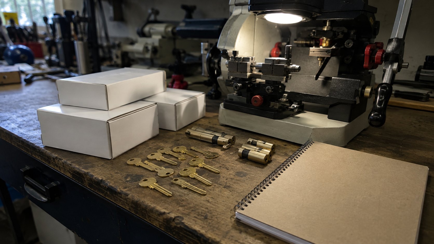 A locksmith's tool roll open on a tailgate — picks, pinning kit, key blanks