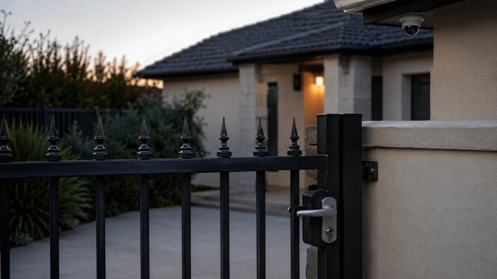 A suburban house at dusk with a camera under the eave and a lit porch