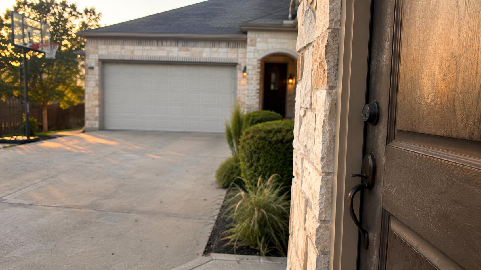 A suburban Texas driveway at golden hour with the front door visible past the garage