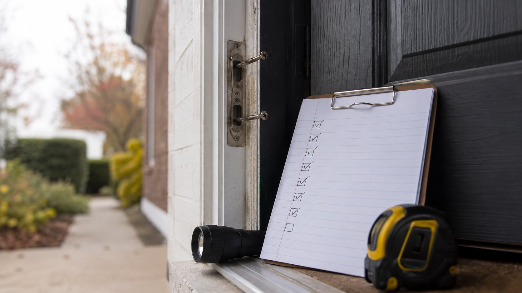 A security checklist on a clipboard against a front door, with a torch and tape measure