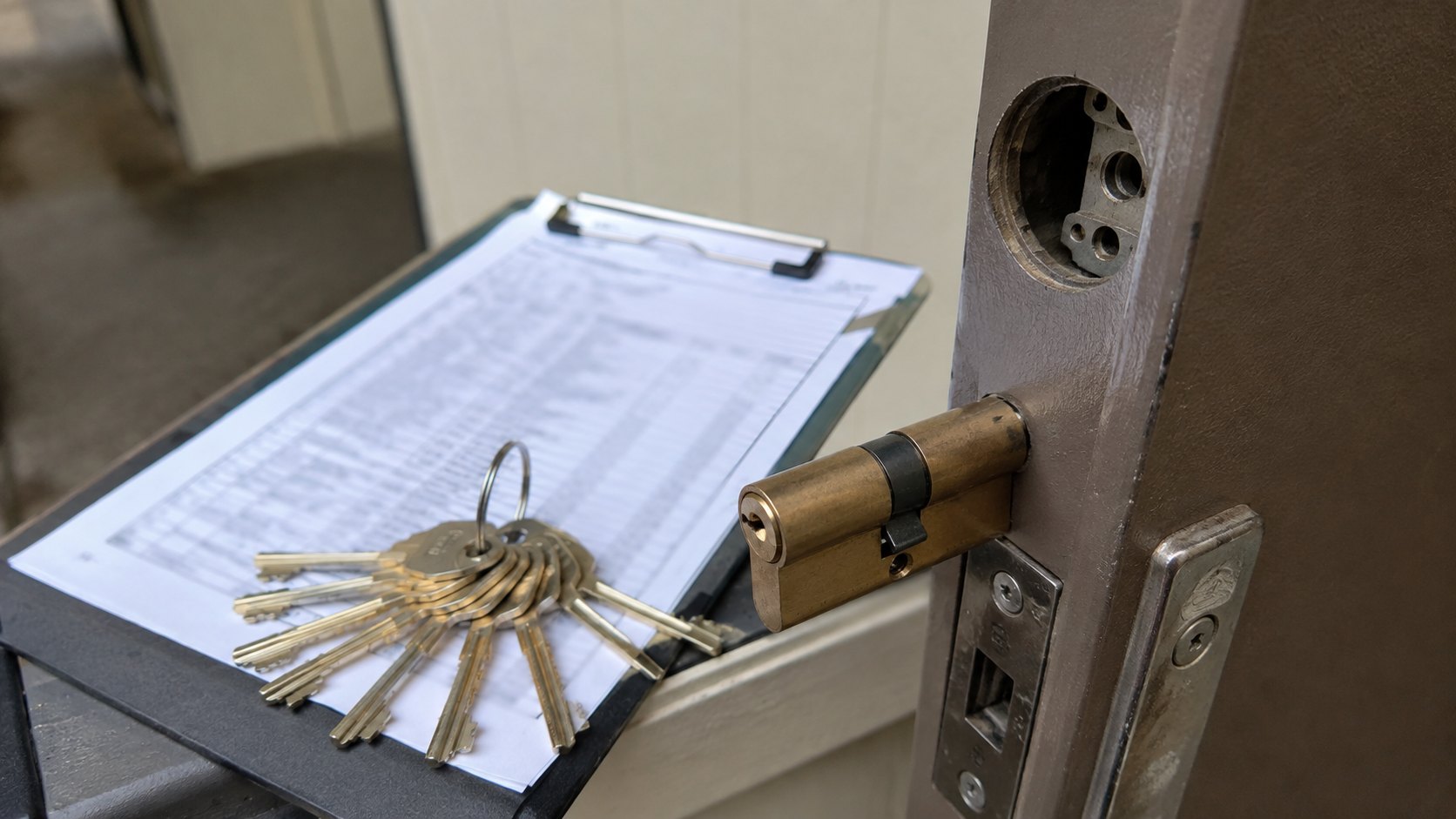 Numbered brass keys and a written key schedule beside a part-removed cylinder