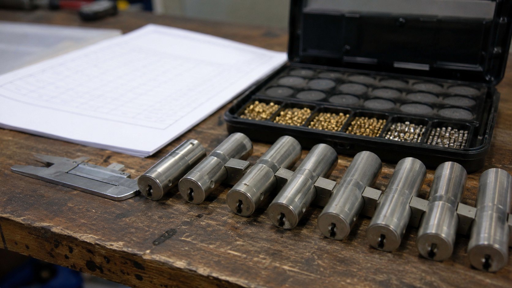 Commercial mortise cylinders, a pinning kit and a master key chart on a workbench