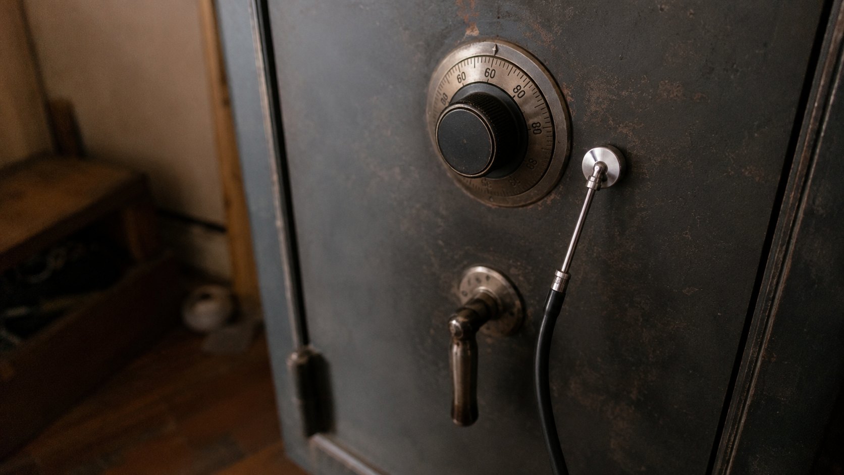 The dial and handle of a steel safe with a manipulation tool resting against the door
