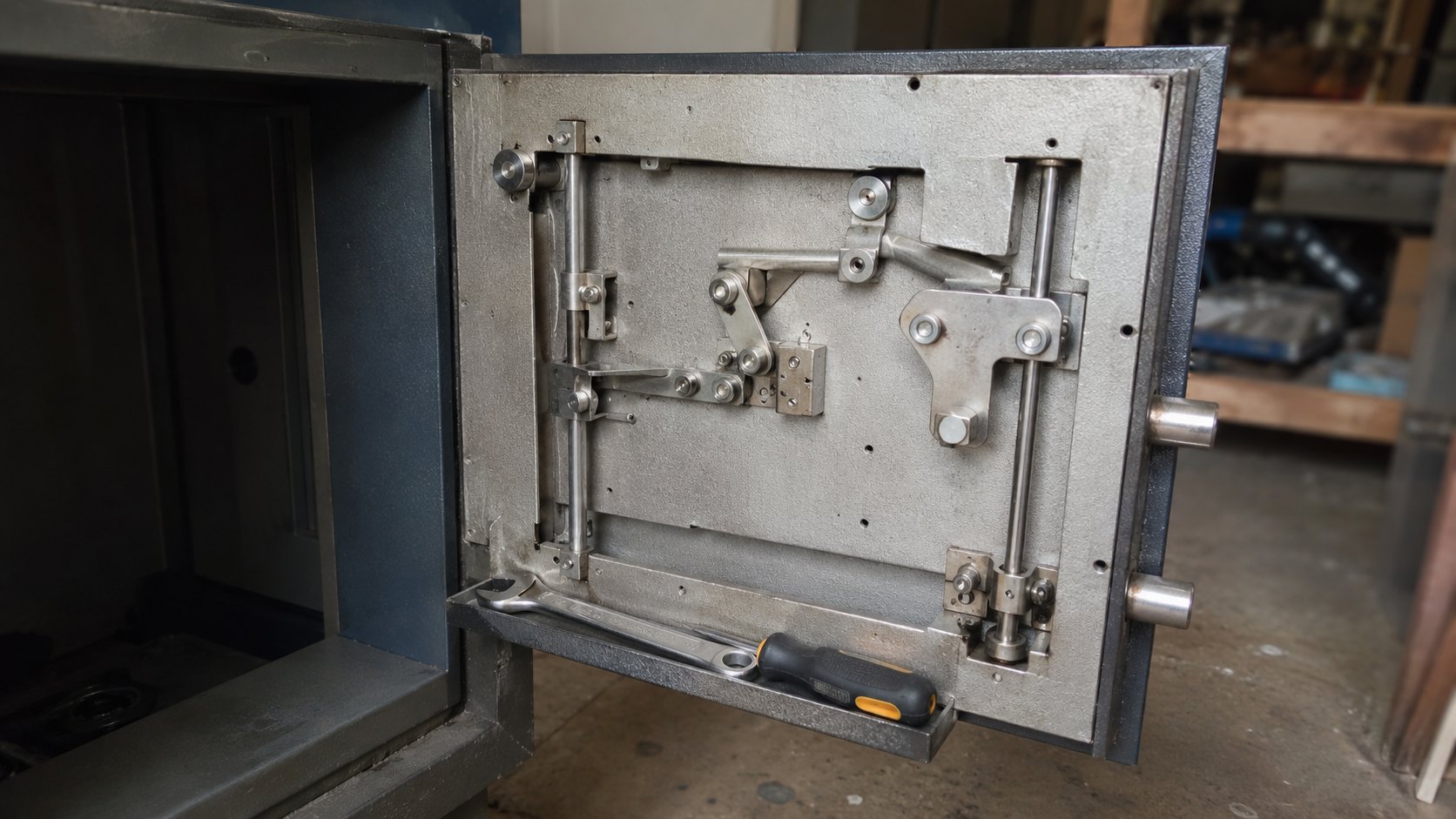A safe door open showing its boltwork, with a spanner on the bolt linkage