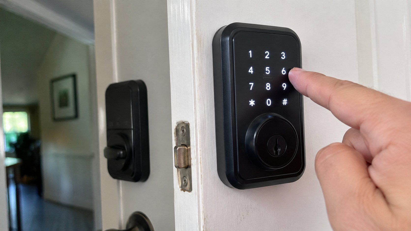 A lit keypad smart lock on a residential front door